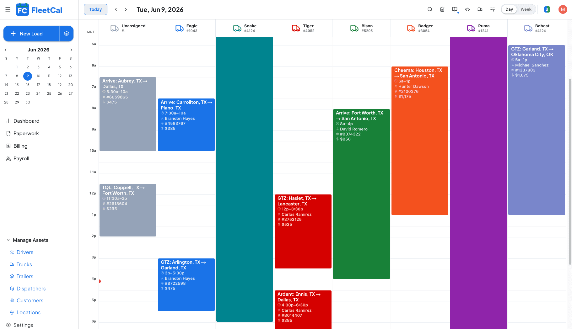 FleetCal dispatch calendar with one column per truck