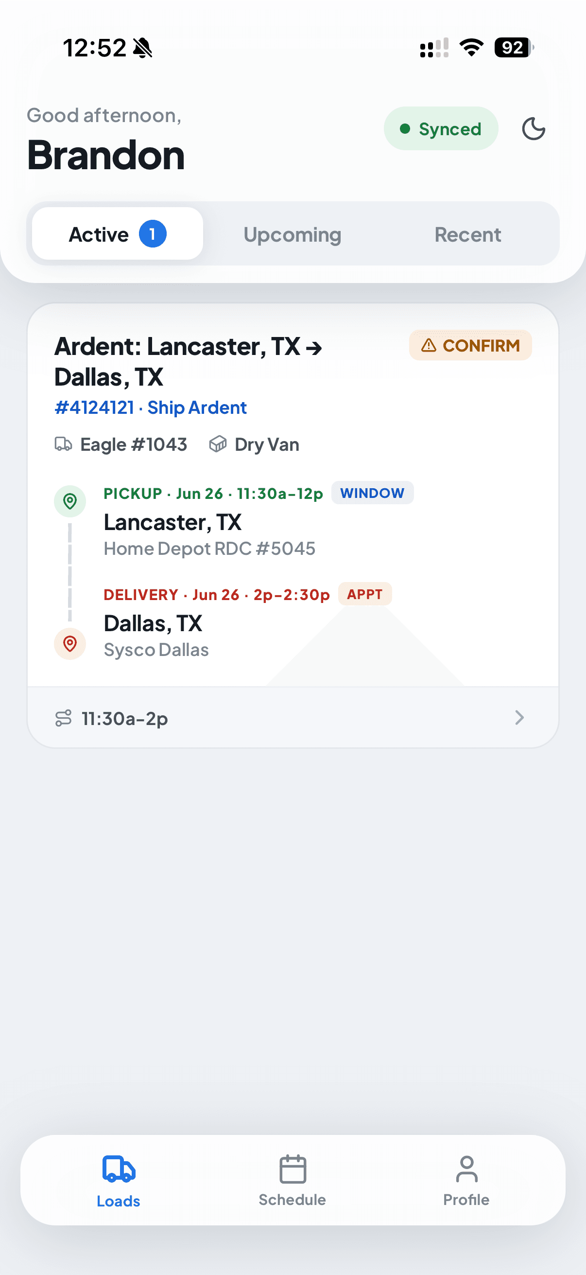 FleetCal driver app, active loads